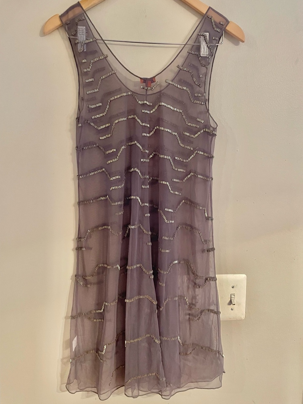 NWT- Chan Luu Silk Chiffon Embellished Beaded Overlay Dress Tunic Gray Medium - Picture 4 of 12